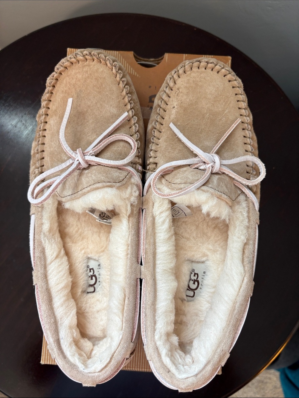 UGG Women's Dakota Chestnut Suede Moccasin Slippers with Bow - Size 8